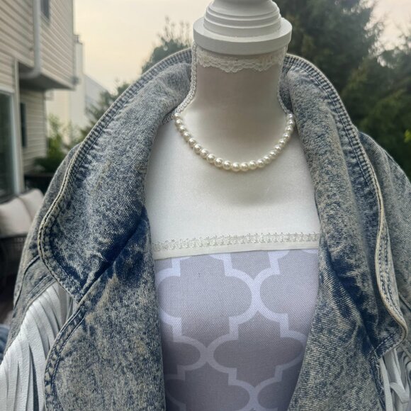 acid wash denim jacket with statement white fringe detailing on both arms and ac - Picture 4 of 6